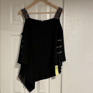 Black Asymmetrical Top with Embellished Straps Split Sleeve Cold Shoulder